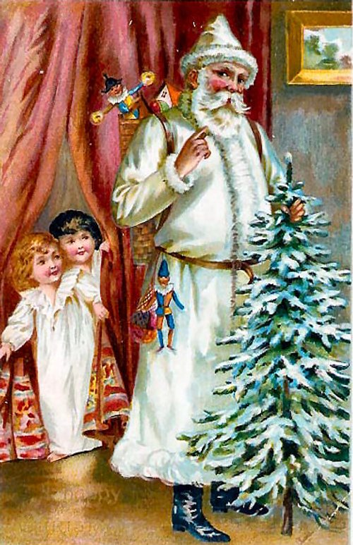 Victorian Father Christmas with Children & Tree Greeting Card