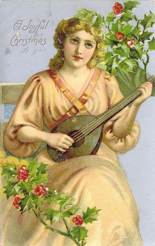 Victorian Christmas Greeting Card with Woman Playing Mandolin