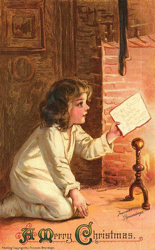 Victorian Christmas Card: Child with Letter to Santa Claus