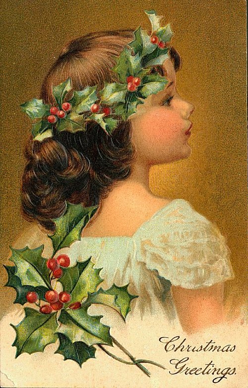 Victorian Christmas Greetings Card with Holly & Girl Portrait