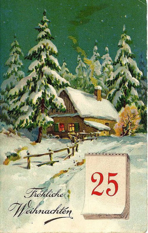 Vintage German Christmas Card Snow-Covered Cabin Forest 1900s