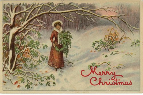 Victorian Christmas Greeting Card: Woman with Holly Wreath in Snow
