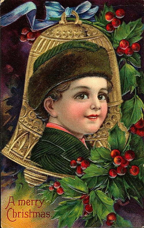 Victorian Christmas Greeting Card: Child in Gold Bell with Holly Berries