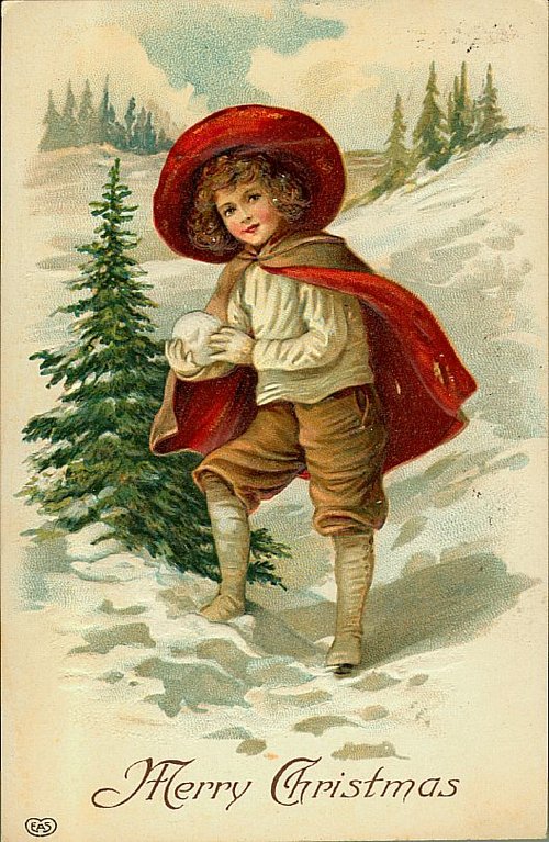 Victorian Christmas Card Child Red Cape Snow Scene