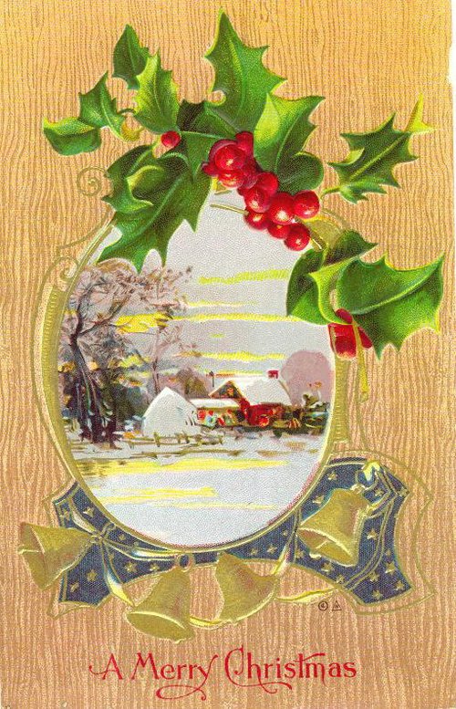 Victorian Christmas Card Holly Berry Winter Scene Gold Embossed
