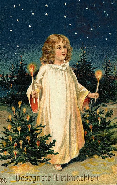Victorian Christmas Angel with Torches - Antique German Greeting Card