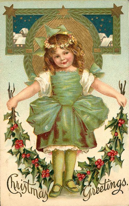 Victorian Christmas Greeting Card with Child in Green Dress