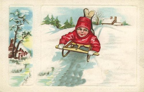 Victorian Winter Sledding Child Christmas Greeting Card