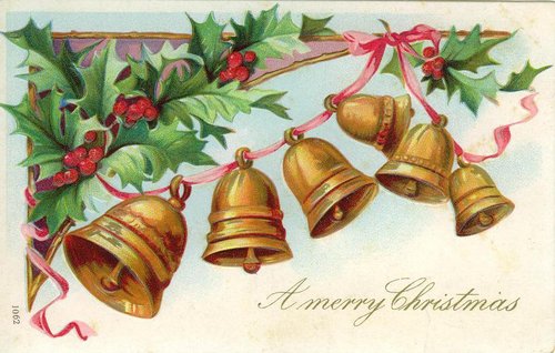Victorian Christmas Greeting Card with Golden Bells & Holly