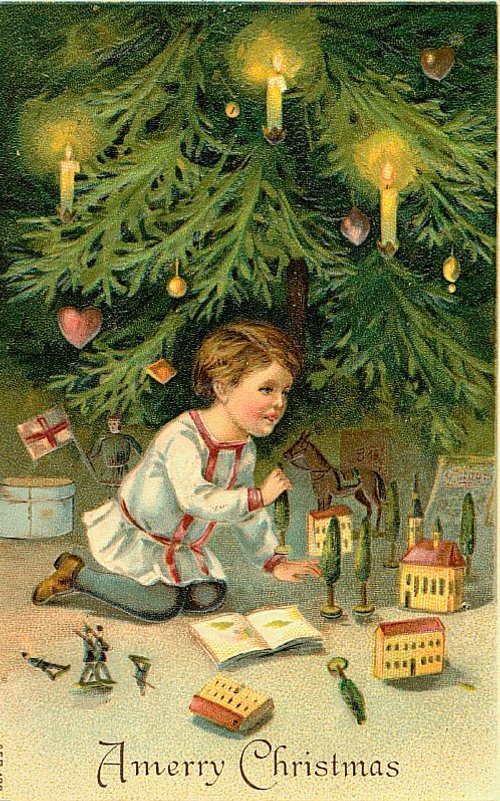 Victorian Christmas Card Child Playing with Toys Under Tree