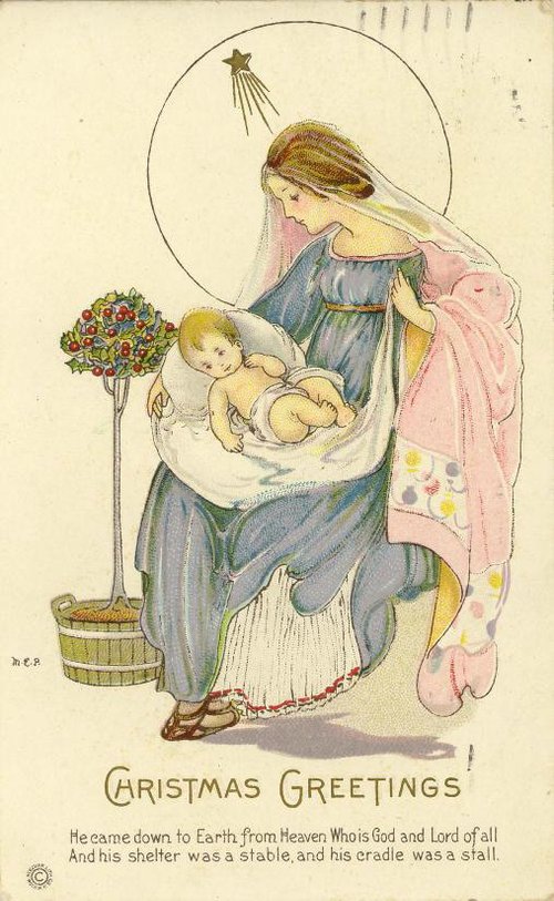 Victorian Christmas Greeting Card with Madonna and Child