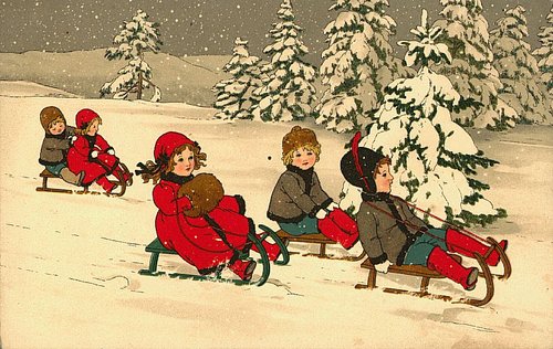 Victorian Children Sledding Winter Scene Greeting Card