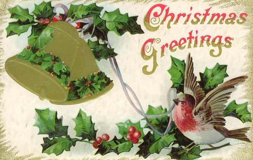 Victorian Christmas Greetings Card with Holly, Bell & Robin