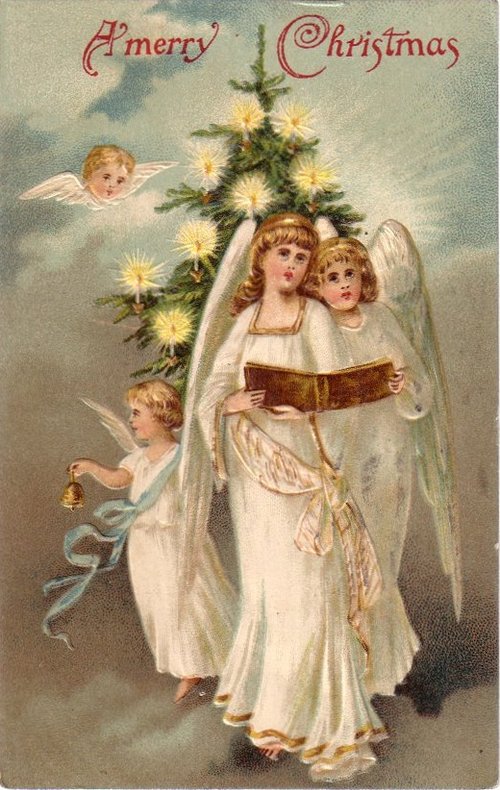 Victorian Christmas Card with Angels and Illuminated Tree