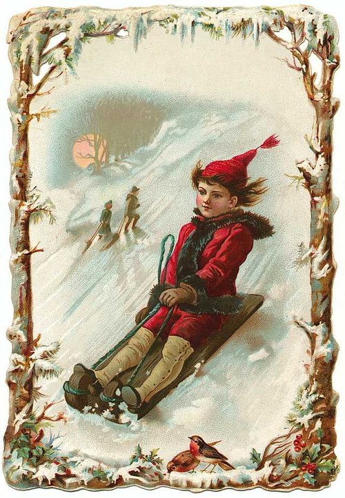 Victorian Winter Sledding Child Red Coat Vintage Christmas Card