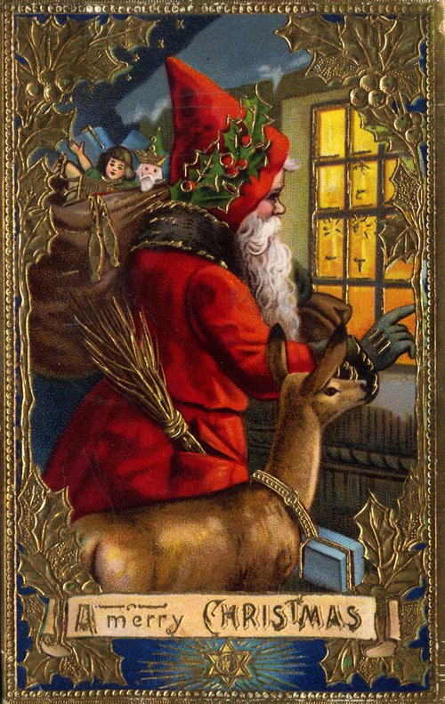 Victorian Santa Christmas Greeting Card with Gold Embossed Border