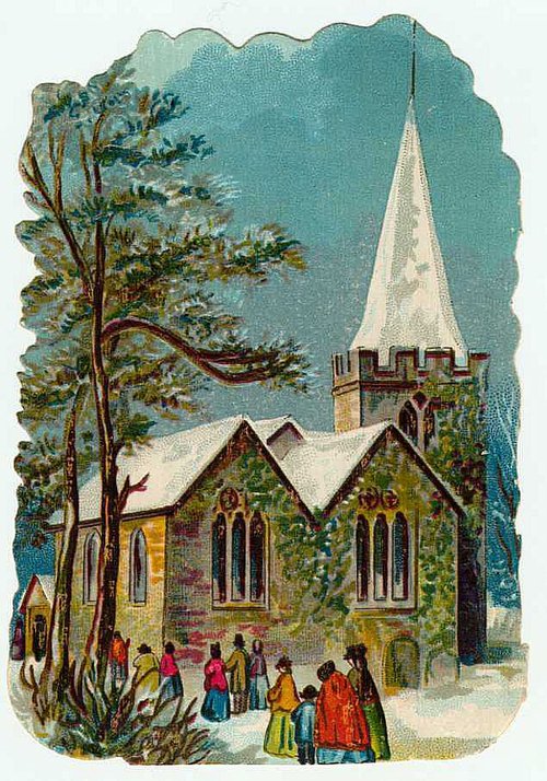 Victorian Christmas Church Snow Scene Greeting Card