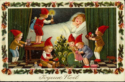 Vintage French Christmas Card with Gnomes and Sleeping Child
