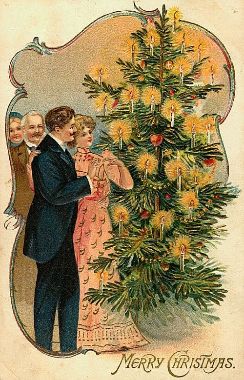 Victorian Christmas Greeting Card with Decorated Tree and Family
