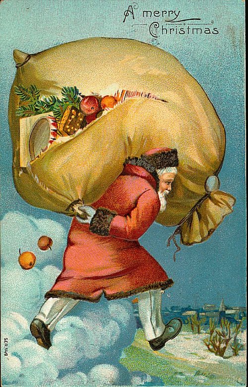 Victorian Christmas Card Santa Carrying Giant Sack Toys