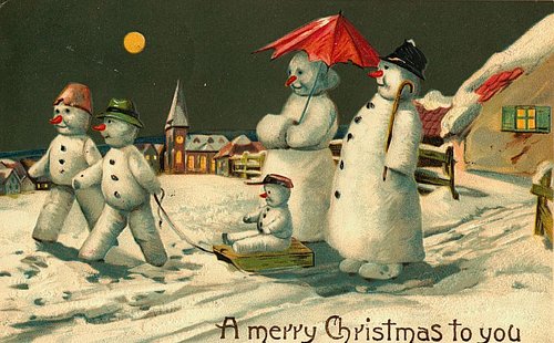 Vintage Snowman Christmas Card, Anthropomorphic Characters, Victorian Era