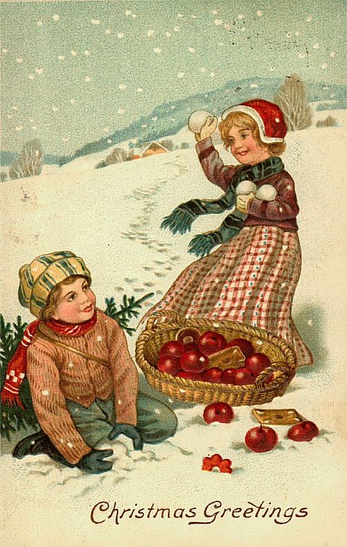 Victorian Christmas Greeting Card with Children & Apples