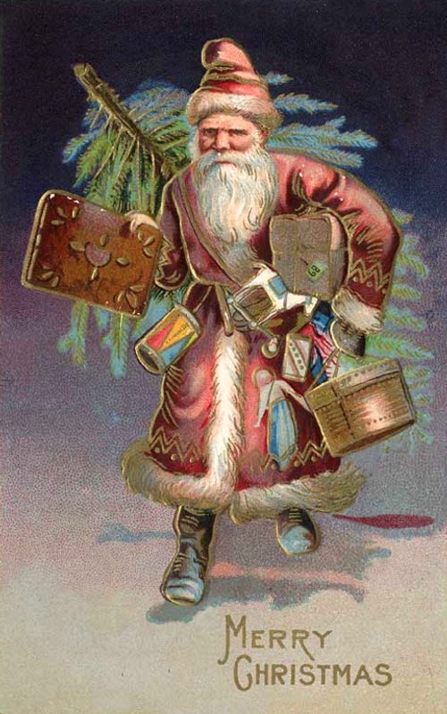 Victorian Santa Claus Christmas Card with Gifts & Evergreen Tree
