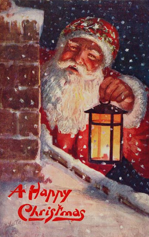 Vintage Santa Claus Christmas Card with Lantern - Early 1900s
