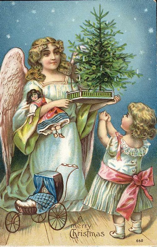 Victorian Angel Christmas Card with Children and Tree