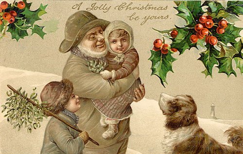 Victorian Christmas Card Elderly Man with Children & Holly 1890s