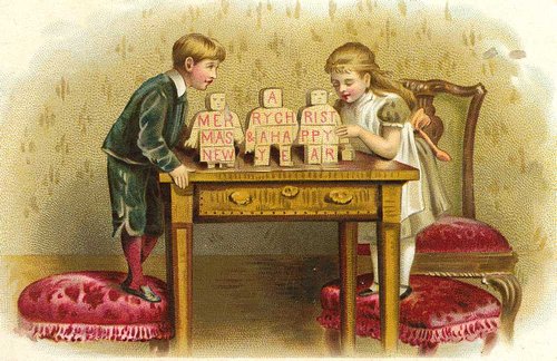 Victorian Children Building Blocks Alphabet Vintage Greeting Card