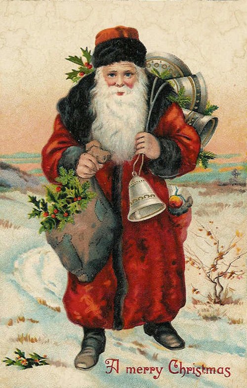 Victorian Santa Christmas Card with Holly & Sleigh Bells