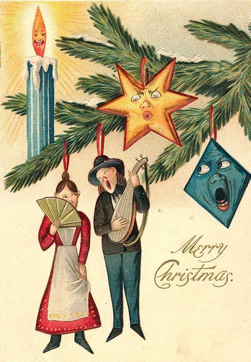 Victorian Christmas Greeting Card with Anthropomorphic Ornaments