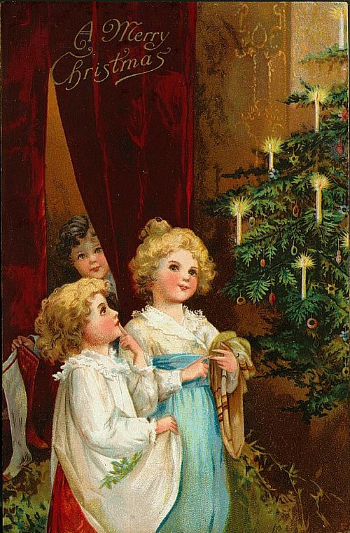 Victorian Christmas Card Children & Lit Tree, Merry Christmas Greeting