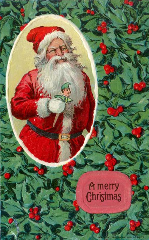 Victorian Santa with Tiny Elf - Vintage Holly Merry Christmas Card