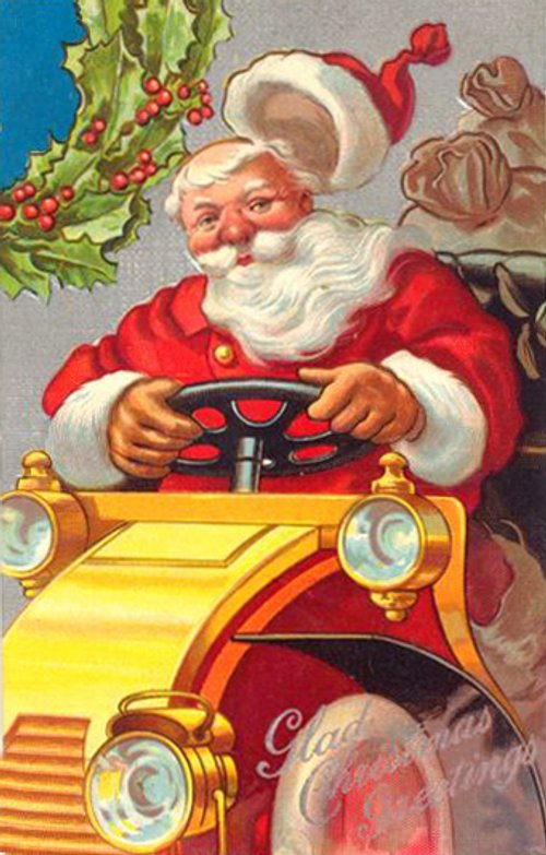 Vintage Santa Driving Car Christmas Greeting Card