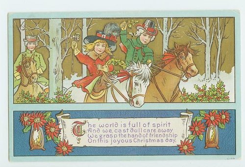 Edwardian Christmas Card Children Horseback Riding Holiday
