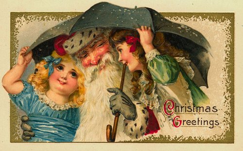 Victorian Christmas Greetings Card with Santa & Children