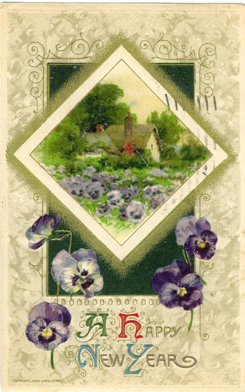 Victorian New Year Greeting Card with Pansies & Garden Scene