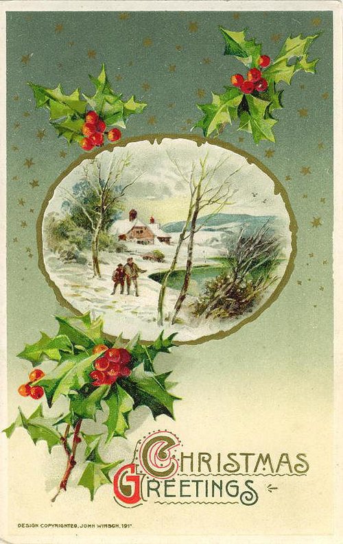 Victorian Christmas Greeting Card with Winter Scene & Holly