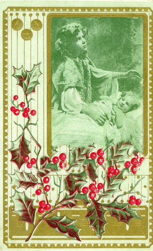 Victorian Christmas Card with Holly Berries & Mother Child Portrait