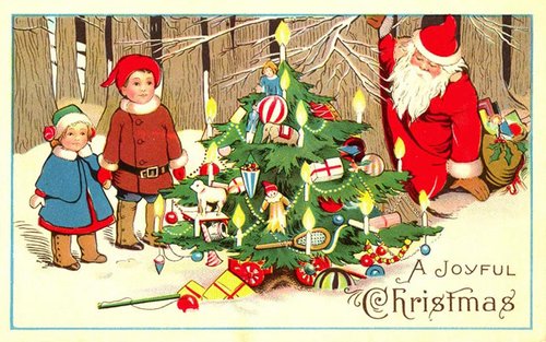 Victorian Christmas Card Santa Children Decorated Tree Snow