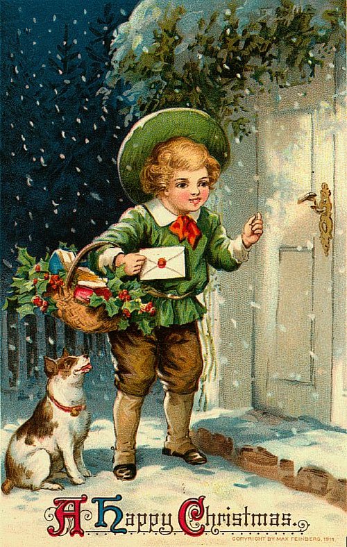 Victorian Christmas Card with Boy, Dog & Holly - Vintage Greeting