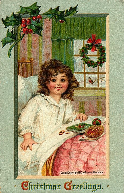 Victorian Christmas Greeting Card Girl at Window with Holly