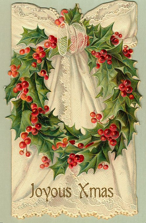 Victorian Christmas Card with Holly, Berries & Lace Wreath