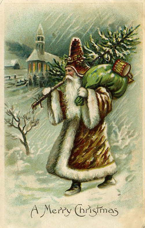 Victorian Christmas Santa Claus with Pine Tree & Church