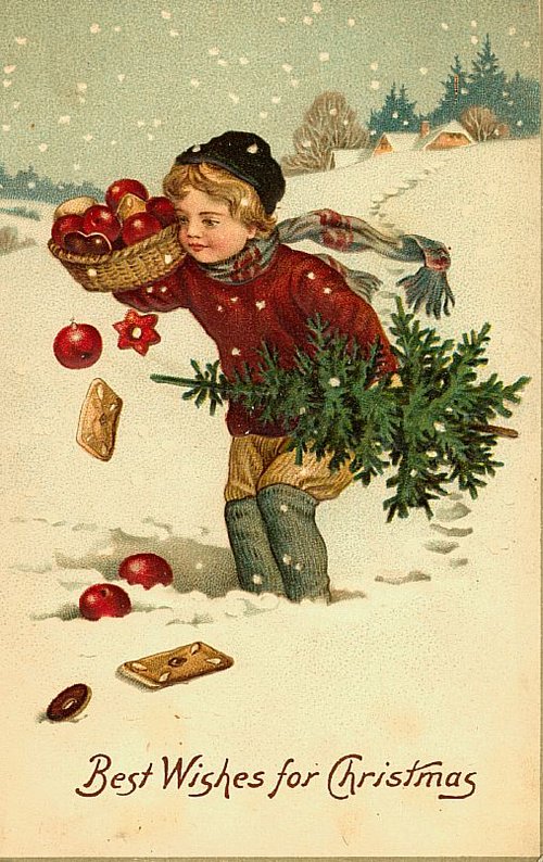 Victorian Christmas Child with Evergreen Tree & Apples Vintage Greeting Card