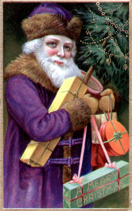 Victorian Santa with Gifts & Christmas Tree - Vintage Greeting Card