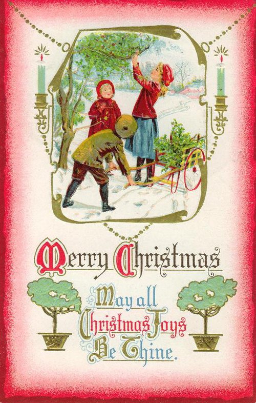 Victorian Christmas Card Children Snow Play Vintage 1890s