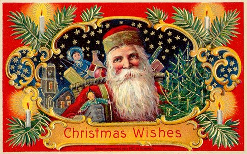 Victorian Christmas Wishes Santa Card with Gold Ornaments
